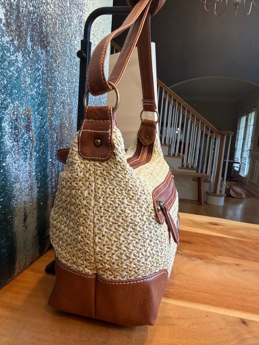 Stone Mountain Boho Woven Straw Faux Leather Crossbody Shoulder Bag Tan (VGUC) - Picture 11 of 16